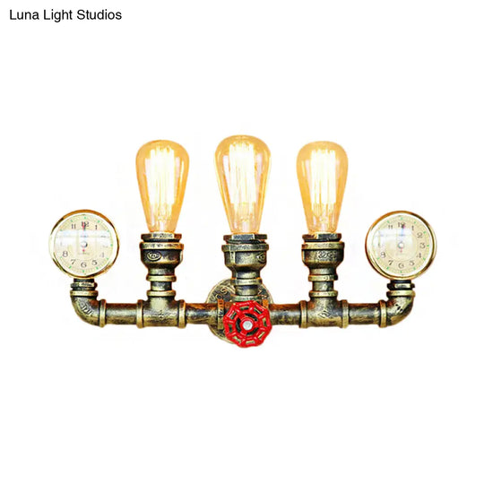 Rustic Antique Brass Metal Wall Mount Light With 3 Pipes Gauge And Valve Decoration