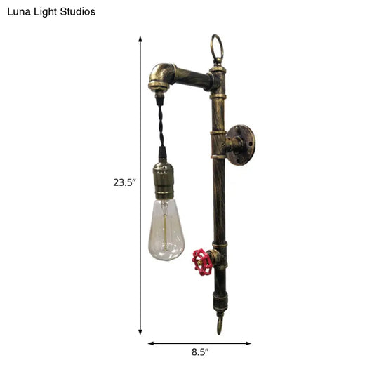 Rustic Antique Brass Pipe Wall Sconce With Industrial Iron And Hanging Bulb For Living Room