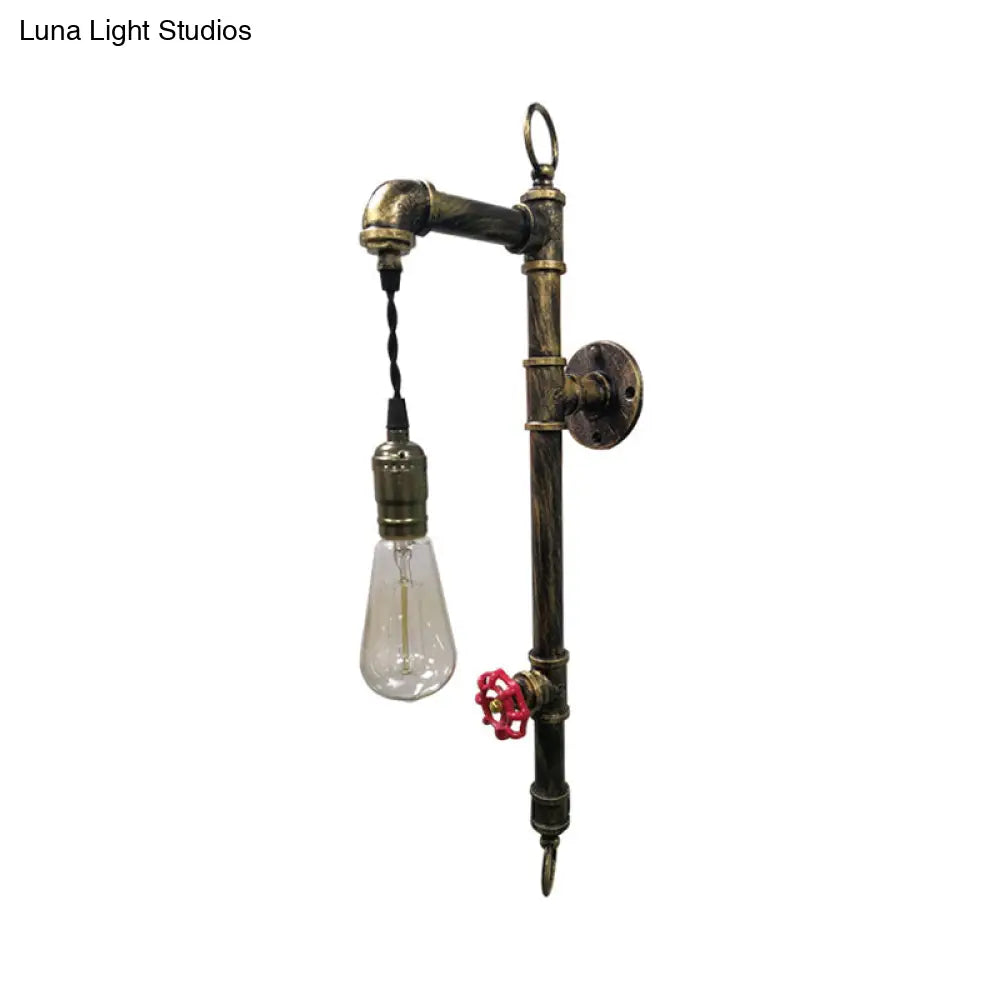 Rustic Antique Brass Pipe Wall Sconce With Industrial Iron And Hanging Bulb For Living Room