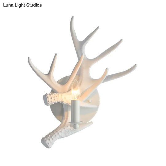 Rustic Antlers Wall Lamp: Resin Single Bulb Sconce Light In White Finish For Lodge Villa