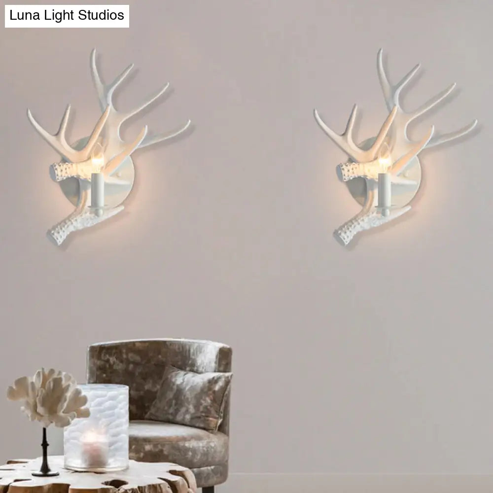 Rustic Antlers Wall Lamp: Resin Single Bulb Sconce Light In White Finish For Lodge Villa