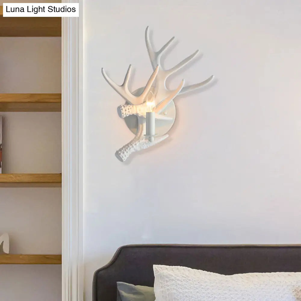 Rustic Antlers Wall Lamp: Resin Single Bulb Sconce Light In White Finish For Lodge Villa