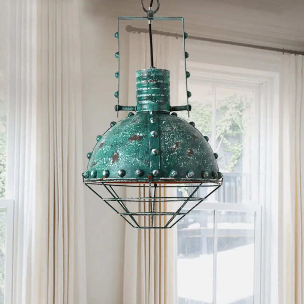 Rustic Aqua Hanging Pendant With Domed Shade - Wire Cage Iron Down Lighting For Restaurants