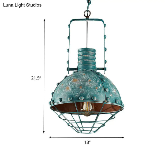 Rustic Aqua Iron Pendant Light With Domed Shade And Handle For Restaurants