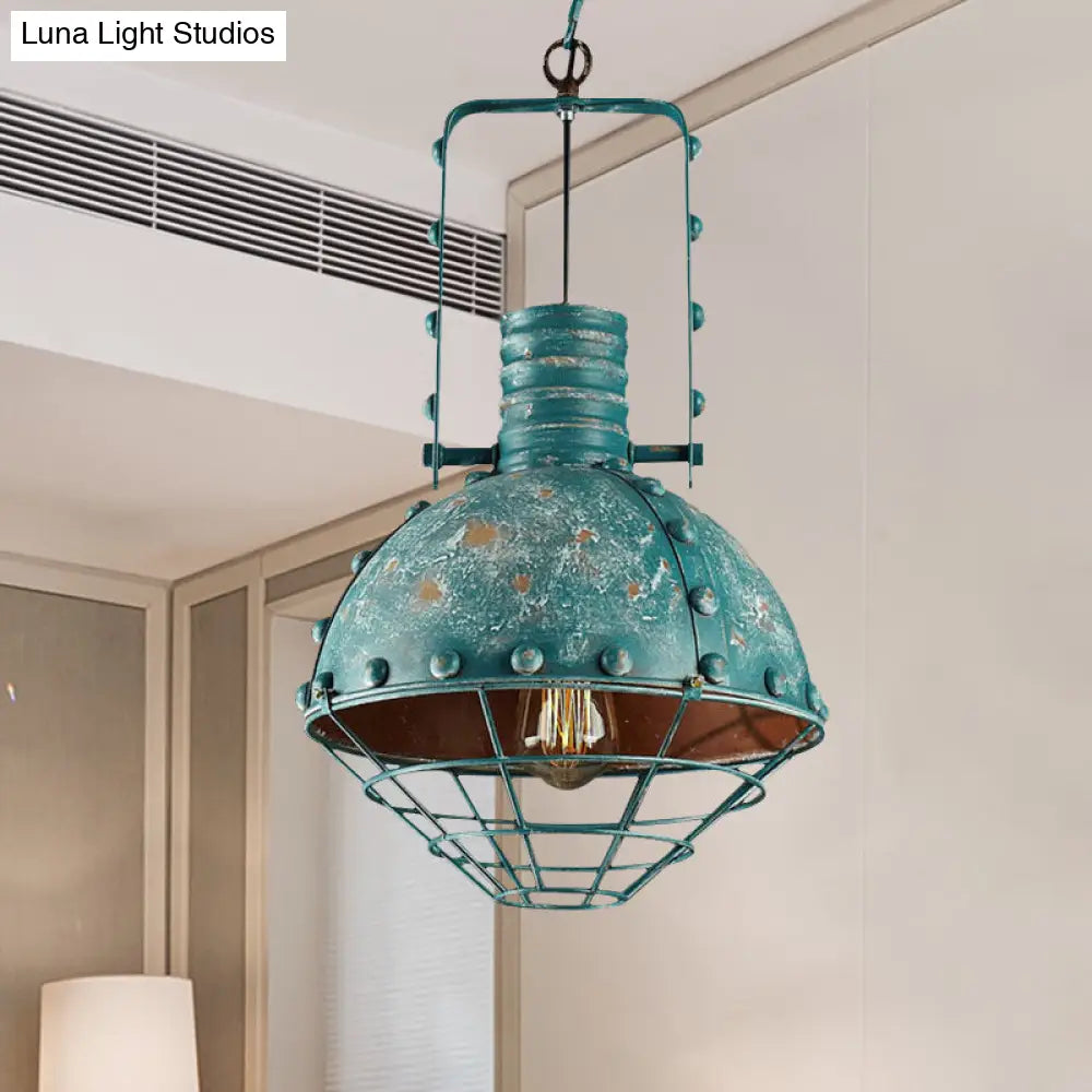 Rustic Aqua Hanging Pendant With Domed Shade - Wire Cage Iron Down Lighting For Restaurants