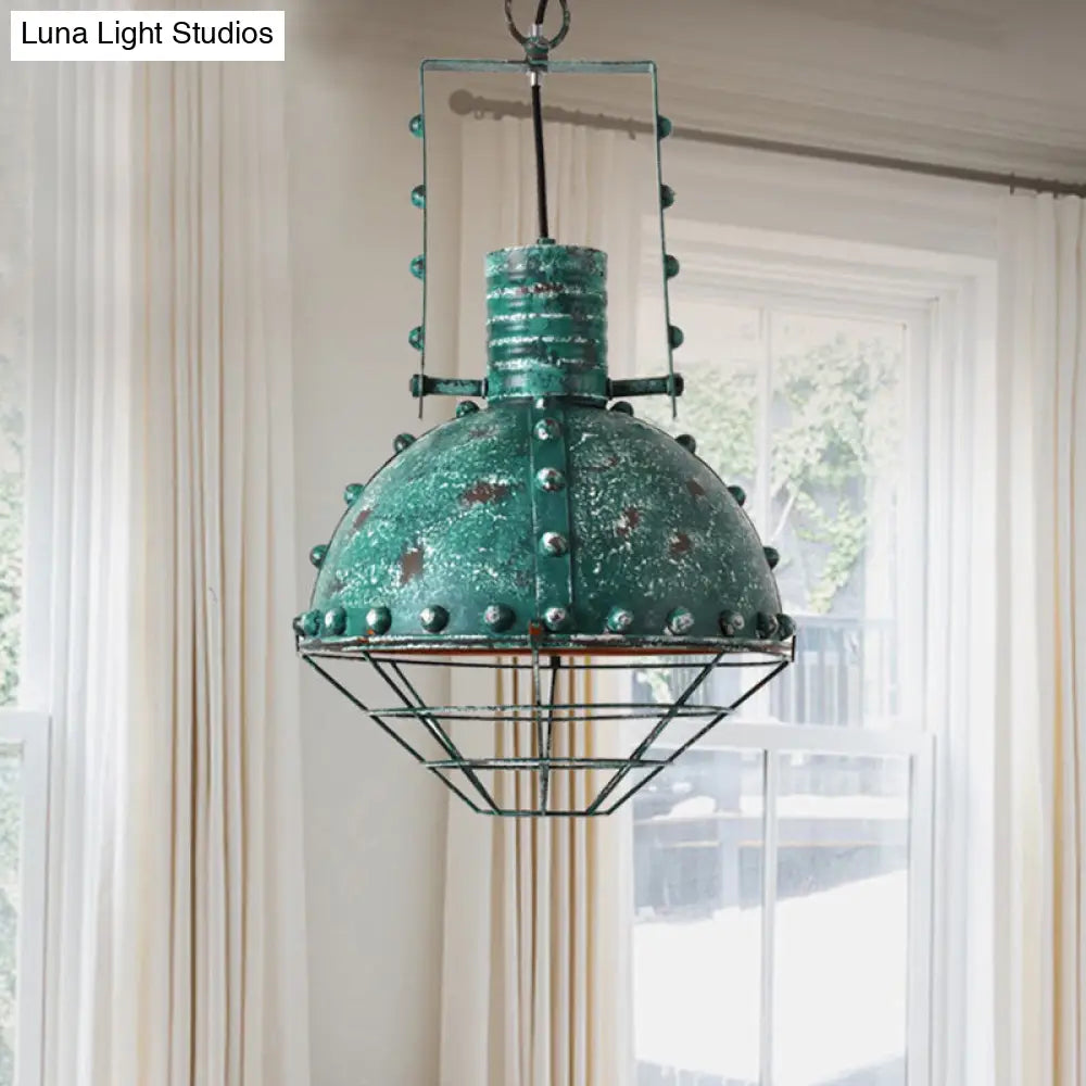 Rustic Aqua Iron Pendant Light With Domed Shade And Handle For Restaurants