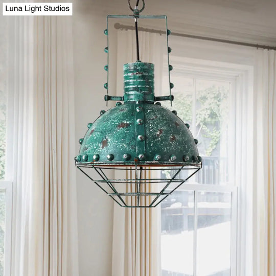 Rustic Aqua Iron Pendant Light With Domed Shade And Handle For Restaurants