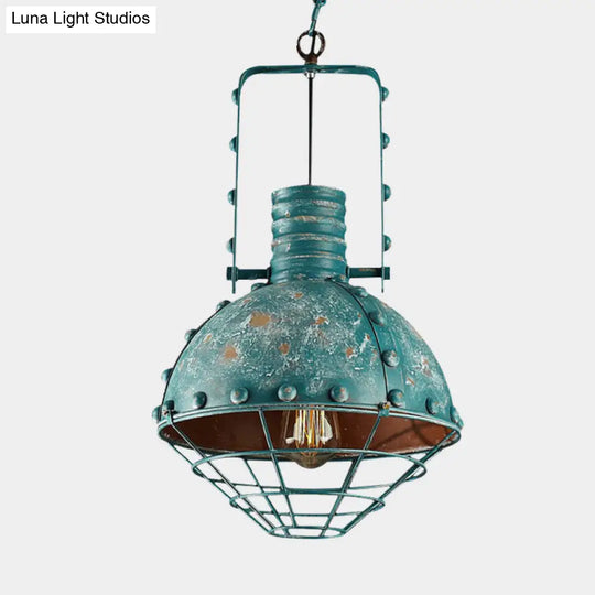 Rustic Aqua Hanging Pendant With Domed Shade - Wire Cage Iron Down Lighting For Restaurants