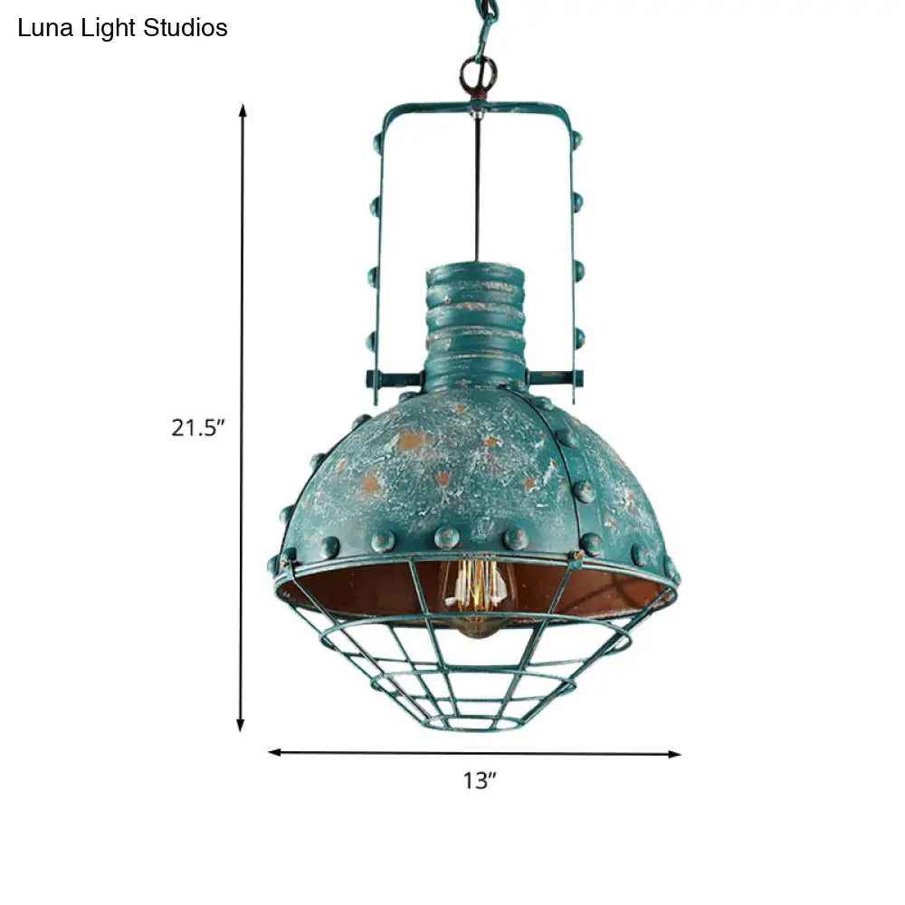 Rustic Aqua Hanging Pendant With Domed Shade - Wire Cage Iron Down Lighting For Restaurants