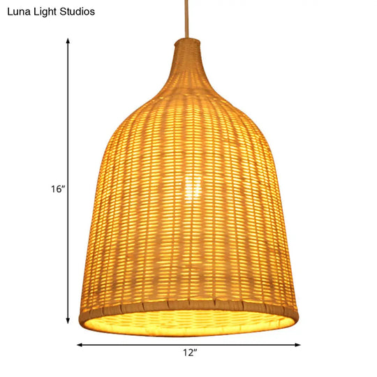 Rustic Bamboo Bucket Pendant Light Fixture - Handcrafted Single Bulb Hanging Lamp In Beige