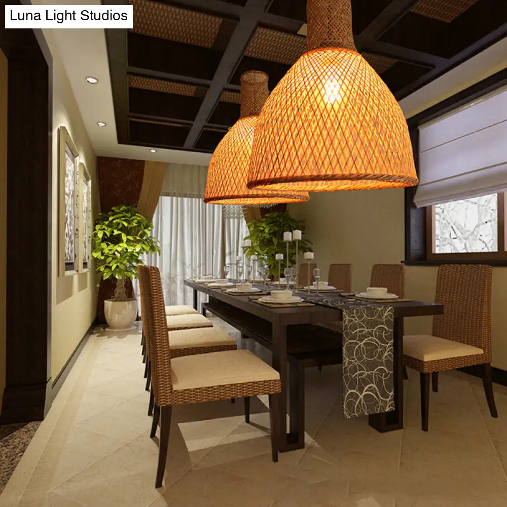 Rustic Bamboo Ceiling Pendant Lamp With Woven Shade And 1 Bulb For Living Room