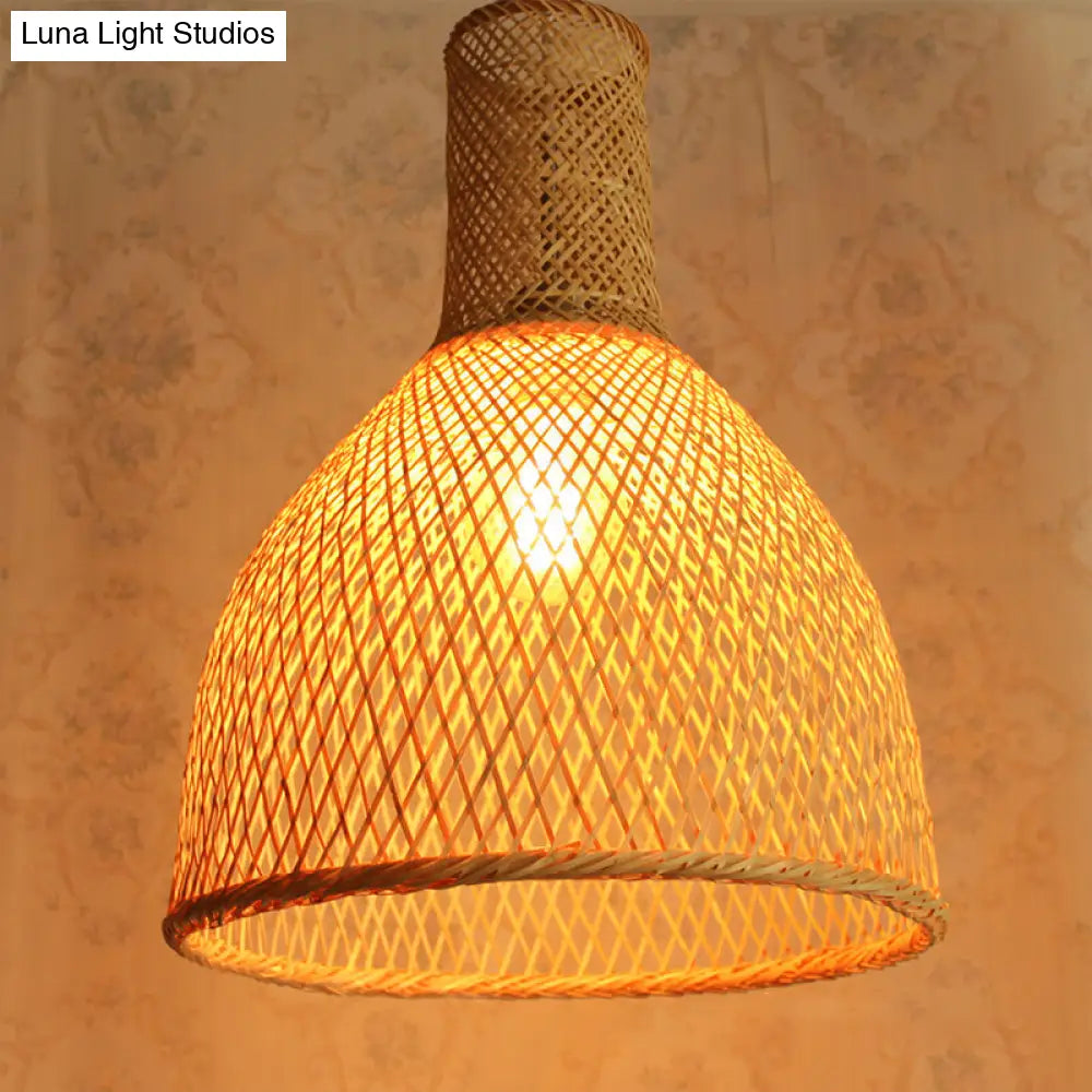 Rustic Bamboo Ceiling Pendant Lamp With Woven Shade And 1 Bulb For Living Room