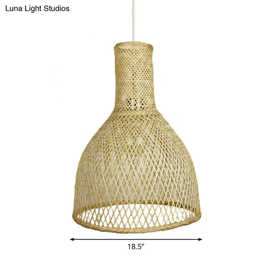 Rustic Bamboo Ceiling Pendant Lamp With Woven Shade And 1 Bulb For Living Room