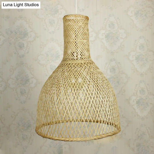 Rustic Bamboo Ceiling Pendant Lamp With Woven Shade And 1 Bulb For Living Room Wood