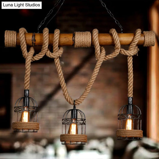 Rustic Bamboo Island Lighting Chandelier In Beige - Linear Bar Fixture