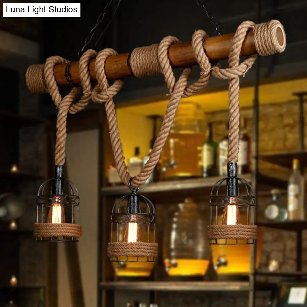 Rustic Bamboo Island Lighting Chandelier In Beige - Linear Bar Fixture