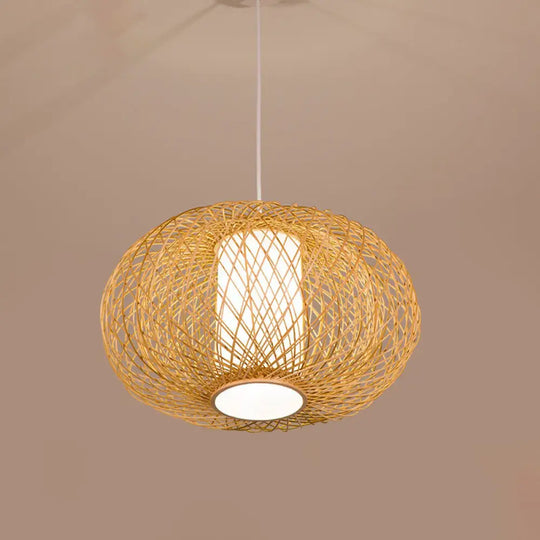 Rustic Bamboo Lantern Pendant Light For Teahouse - Wooden Ceiling Lamp With 1 Bulb Wood