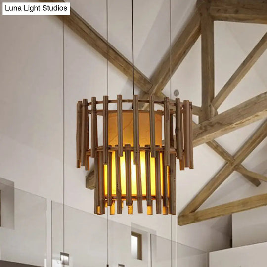 Rustic Bamboo Pendant Light 1-Light Cylinder Drop Design In Beige For Living Room