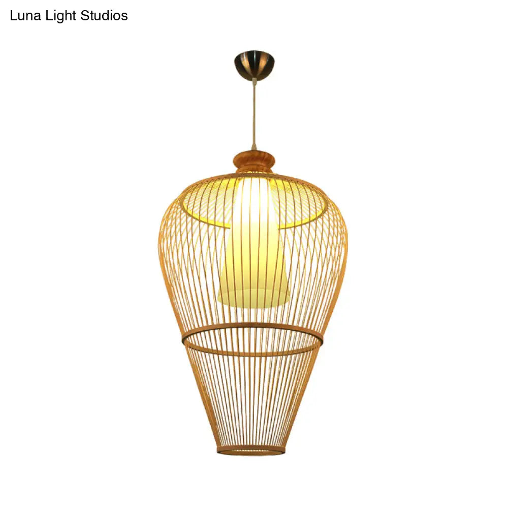 Rustic Bamboo Pendant Light With Cone Shade - Single-Bulb Lighting Fixture In Beige