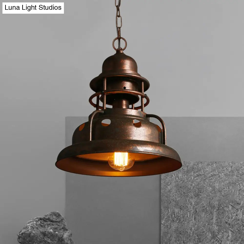 Rustic Barn Pendant Light With One Hanging Wrought Iron Fixture And Hole Design In Weathered Copper