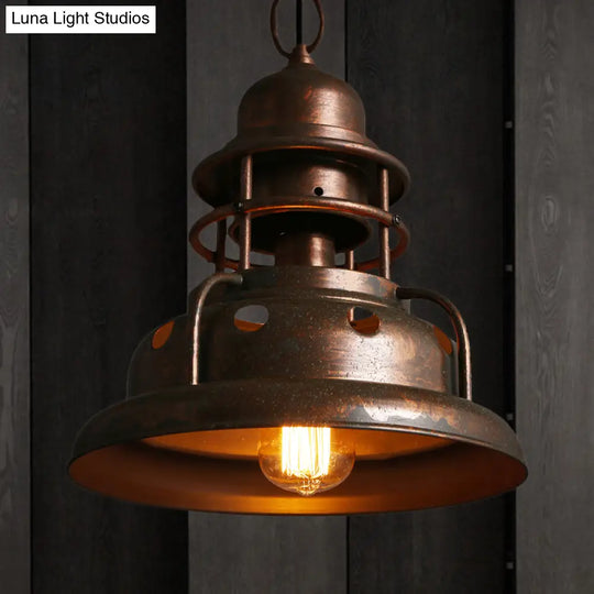 Rustic Barn Pendant Light With One Hanging Wrought Iron Fixture And Hole Design In Weathered Copper