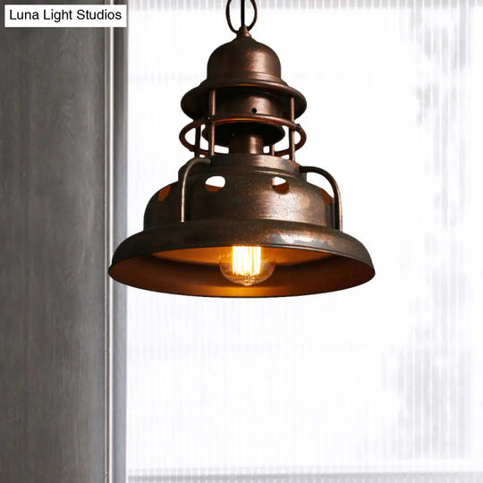 Rustic Barn Pendant Light With One Hanging Wrought Iron Fixture And Hole Design In Weathered Copper