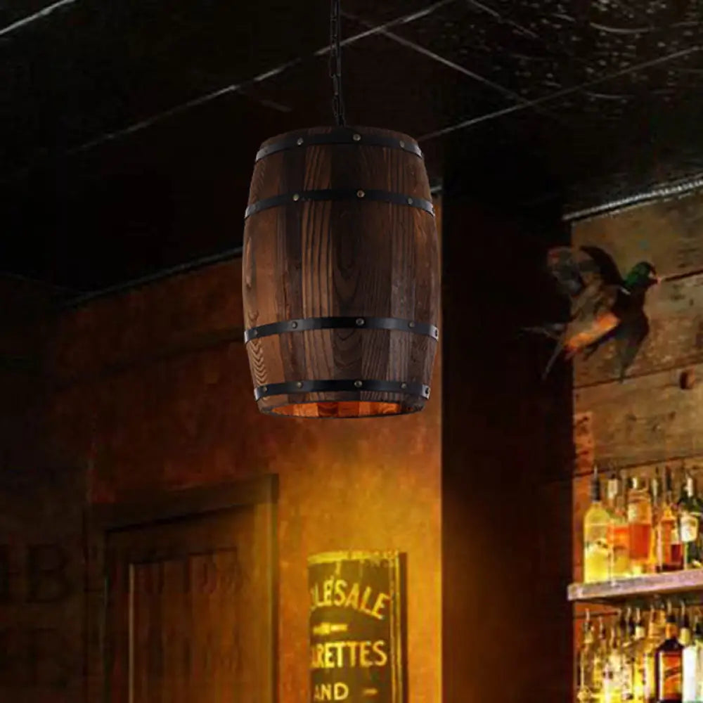 Rustic Barrel Pendant Lamp - 10’/12’ Wide Wood Hanging Light In Brown / 12’