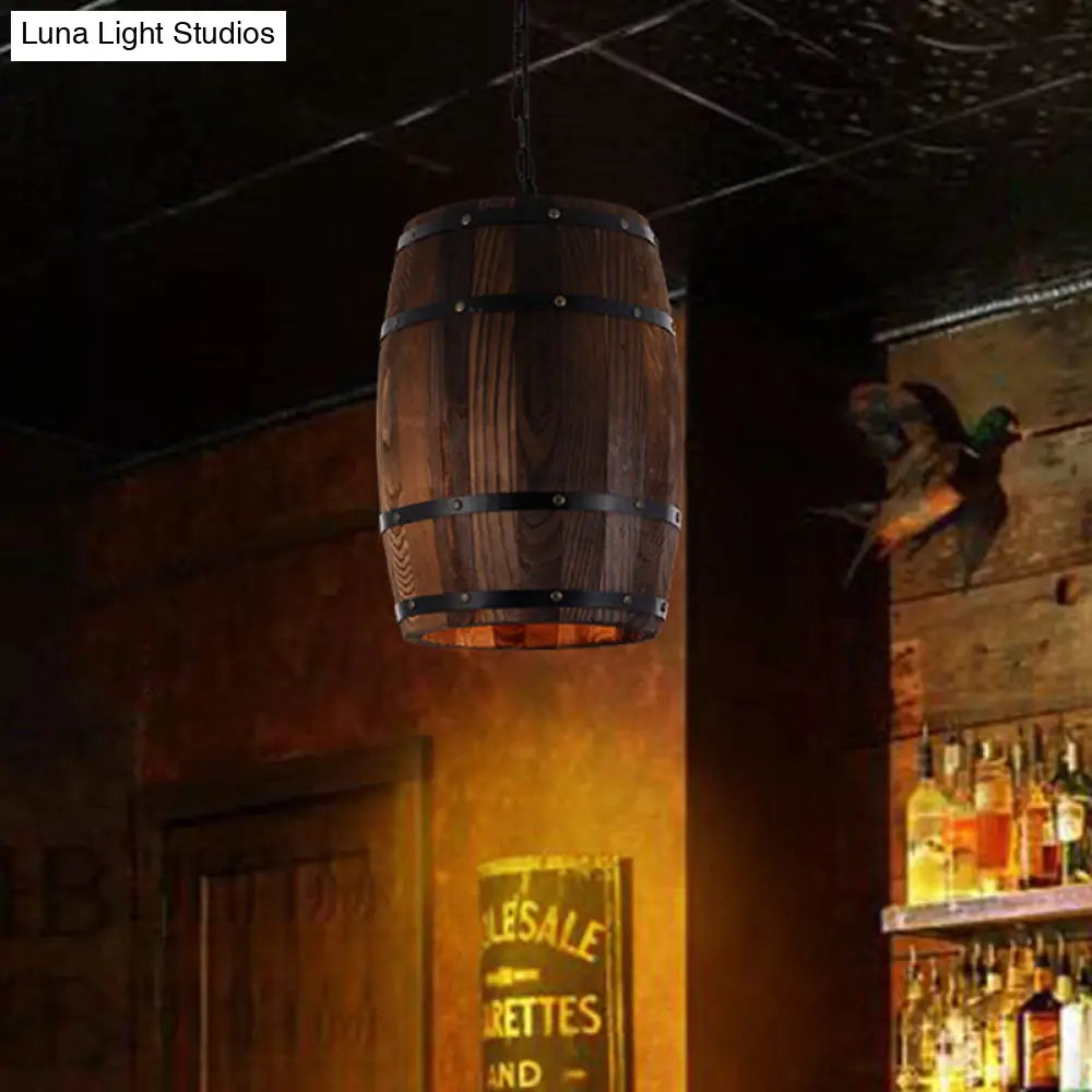 Farmhouse Barrel Pendant Lamp - 10/12 Wide Wood Hanging Light In Brown / 12