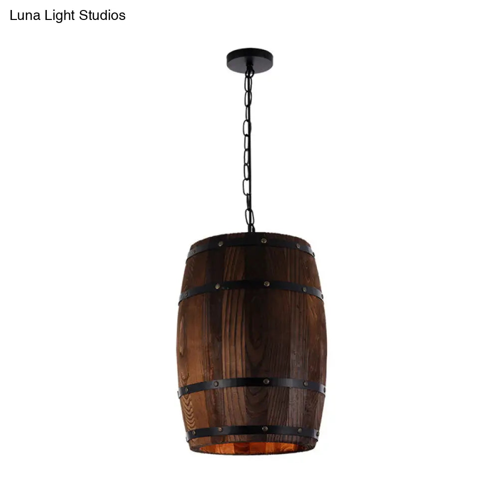Farmhouse Barrel Pendant Lamp - 10/12 Wide Wood Hanging Light In Brown