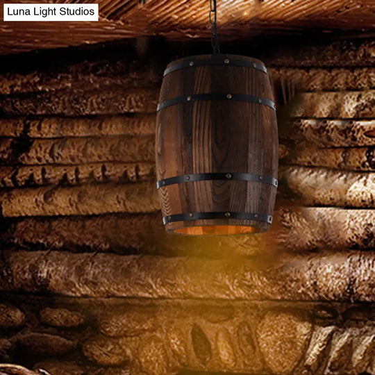 Farmhouse Barrel Pendant Lamp - 10/12 Wide Wood Hanging Light In Brown / 10