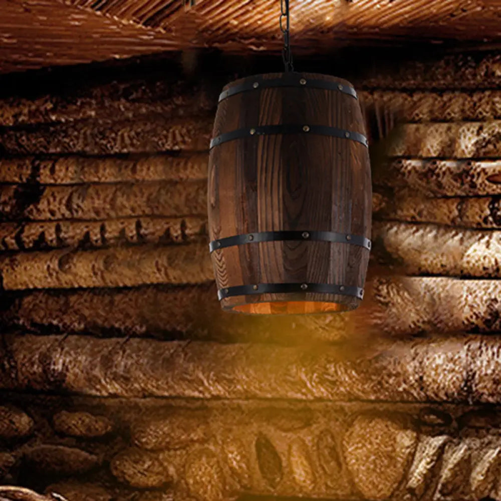 Rustic Barrel Pendant Lamp - 10’/12’ Wide Wood Hanging Light In Brown / 10’