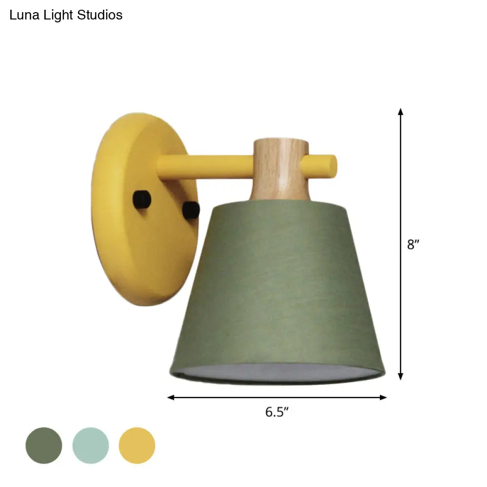 Rustic Barrel Wall Light With Wooden Top And Colorful Fabric Shade Single Bulb