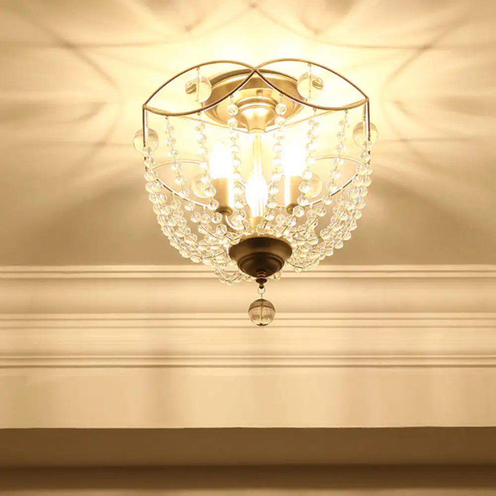 Rustic Basket 3-Light Crystal Strand Semi Flush Ceiling Mount In Gold - Bedroom Lighting
