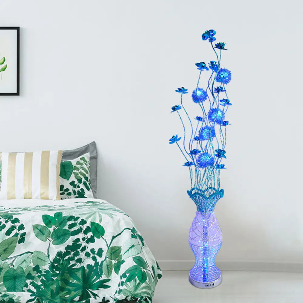 Rustic Bedroom Led Floor Lamp With Vase-Shaped Pleated Design And Blue Flower Decor Decorative