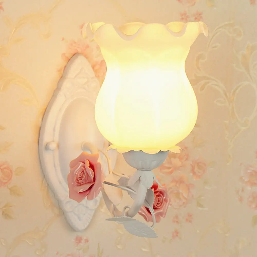 Rustic Bedroom Wall Sconce With Flower Glass White/Green Bloom Deco Lighting Fixture White