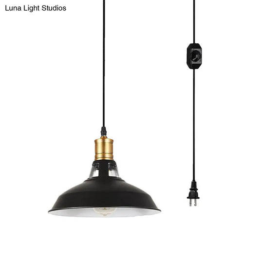 Rustic Bedside Hanging Lamp: Plug-In Pendant Lighting With Barn Iron Shade In Black - 1 Light