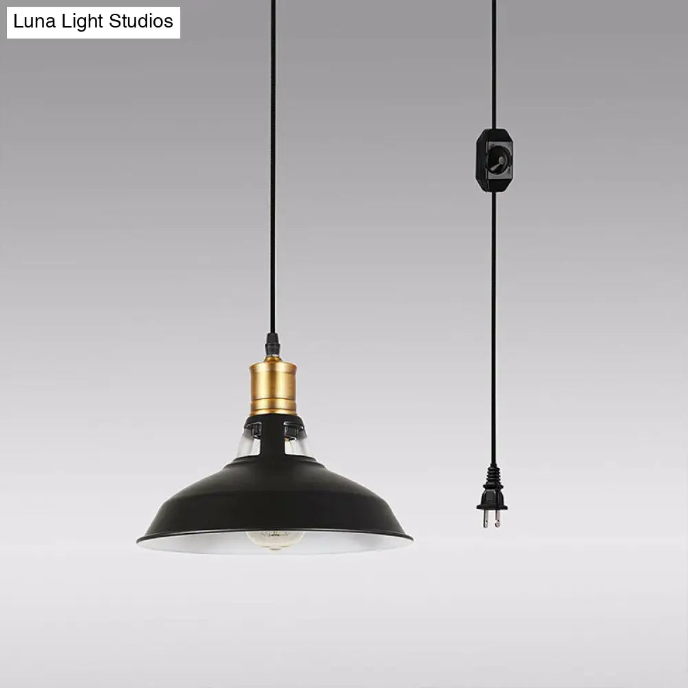 Rustic Bedside Hanging Lamp: Plug-In Pendant Lighting With Barn Iron Shade In Black - 1 Light