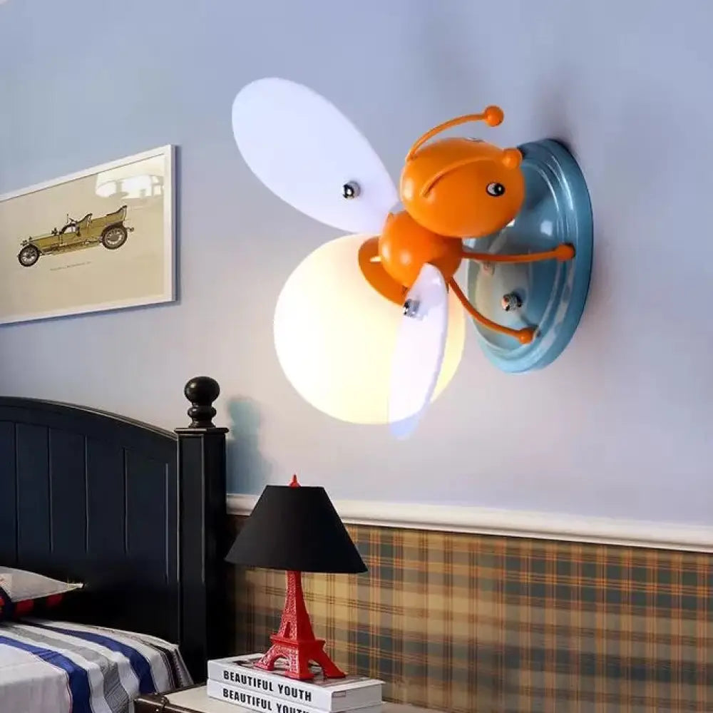 Rustic Bee Sconce Light - Single Bulb Metal Wall Lamp For Kindergarten Child Bedroom Orange