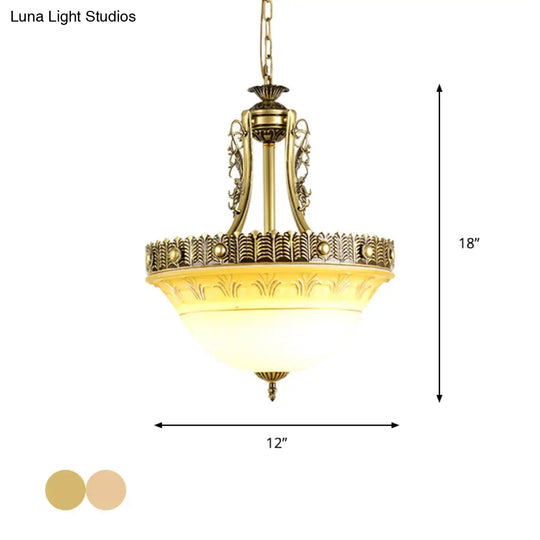 Rustic Beige/Brass Bell Shape Hanging Lamp - Milky Glass Single Head Hallway Pendant 12/16/19.5 Wide