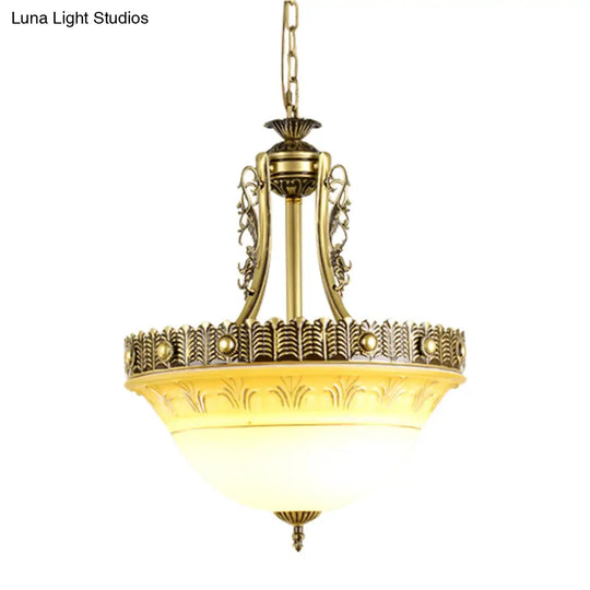 Rustic Beige/Brass Bell Shape Hanging Lamp - Milky Glass Single Head Hallway Pendant 12/16/19.5 Wide