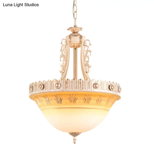 Rustic Beige/Brass Bell Shape Hanging Lamp - Milky Glass Single Head Hallway Pendant 12/16/19.5 Wide