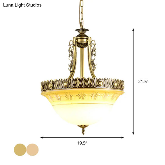 Rustic Beige/Brass Bell Shape Hanging Lamp - Milky Glass Single Head Hallway Pendant 12/16/19.5 Wide