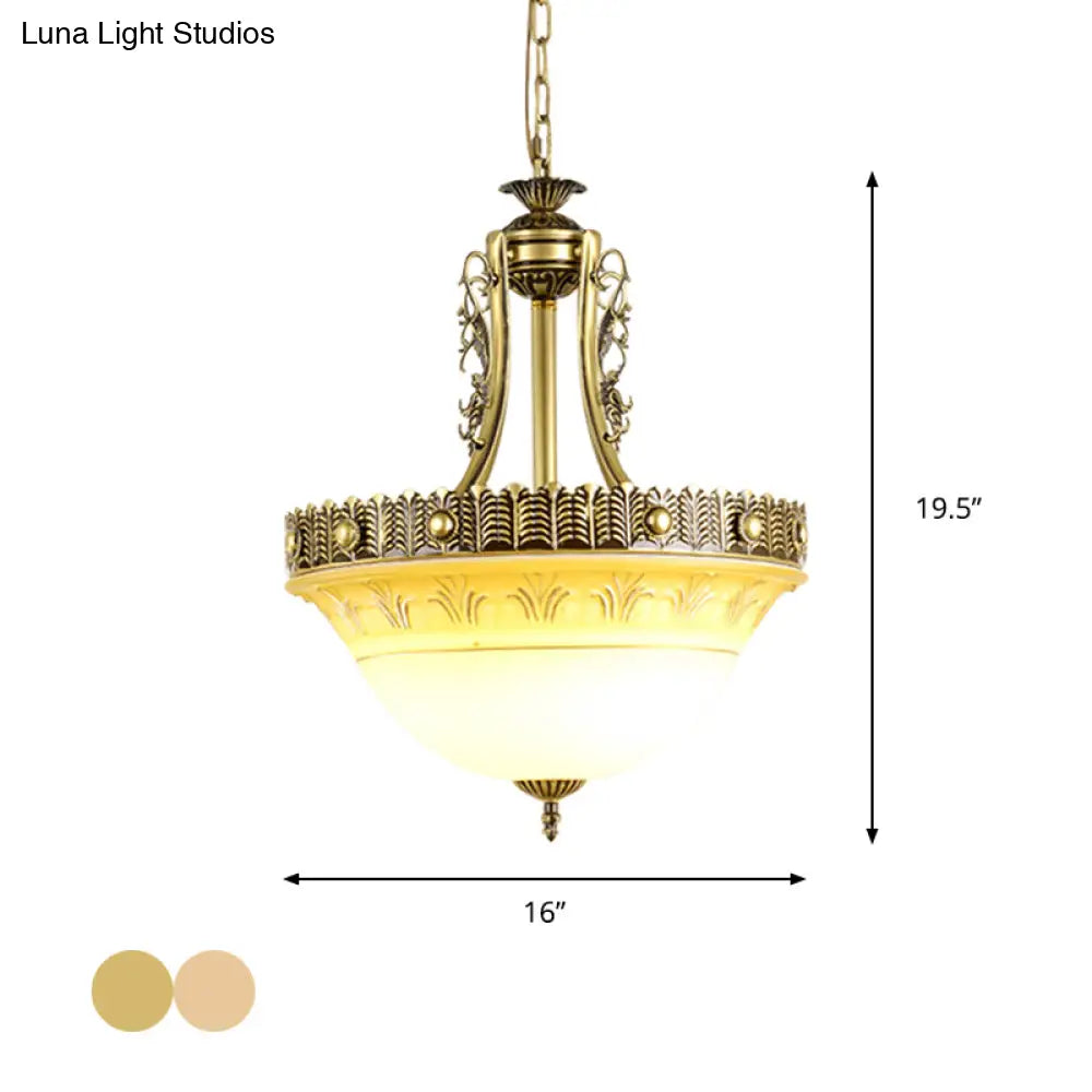 Rustic Beige/Brass Bell Shape Hanging Lamp - Milky Glass Single Head Hallway Pendant 12/16/19.5 Wide