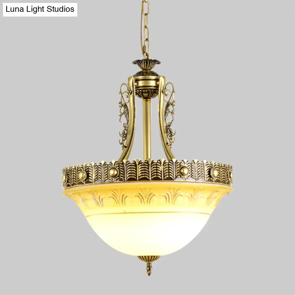 Rustic Beige/Brass Bell Shape Hanging Lamp - Milky Glass Single Head Hallway Pendant 12/16/19.5 Wide