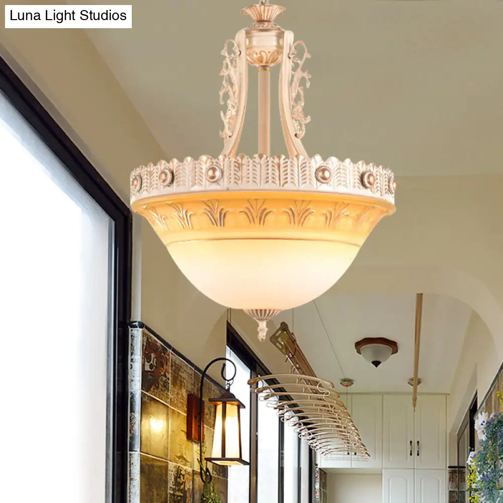 Rustic Beige/Brass Bell Shape Hanging Lamp - Milky Glass Single Head Hallway Pendant 12/16/19.5 Wide