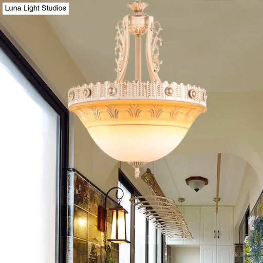 Rustic Beige/Brass Bell Shape Hanging Lamp - Milky Glass Single Head Hallway Pendant 12/16/19.5 Wide