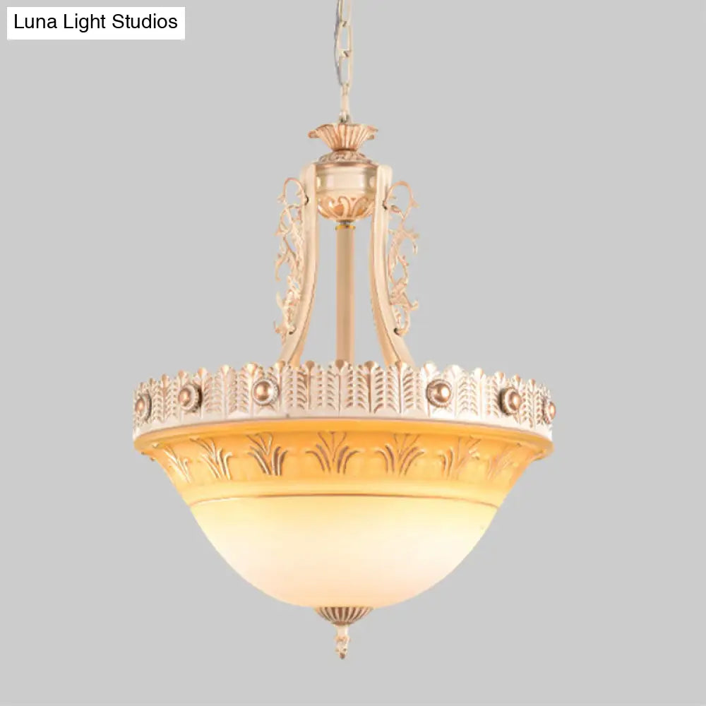 Rustic Beige/Brass Bell Shape Hanging Lamp - Milky Glass Single Head Hallway Pendant 12/16/19.5 Wide