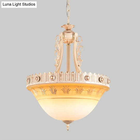 Rustic Beige/Brass Bell Shape Hanging Lamp - Milky Glass Single Head Hallway Pendant 12/16/19.5 Wide