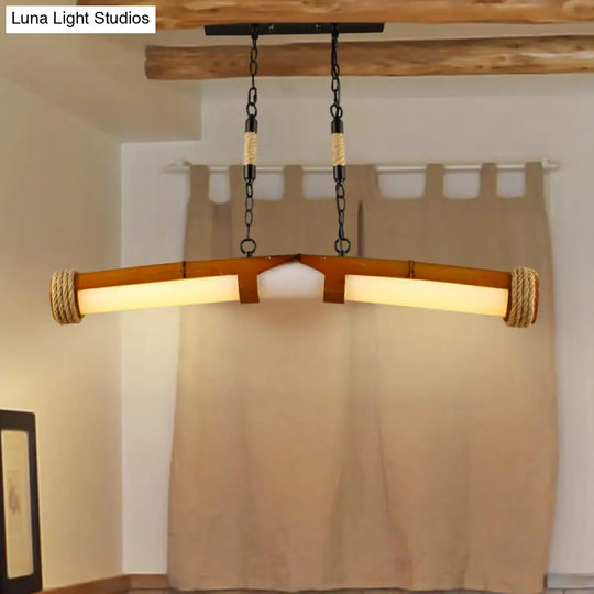 Rustic Beige Chandelier: Stylish Tube-Shaped Wooden Hanging Light For Stair & Bathroom