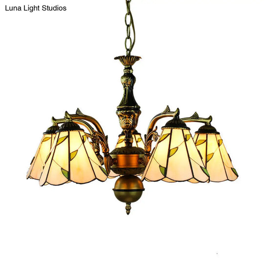 Rustic Beige Chandelier With Curved Arms Leaf Glass And 5 Pendant Lights On Hanging Chain